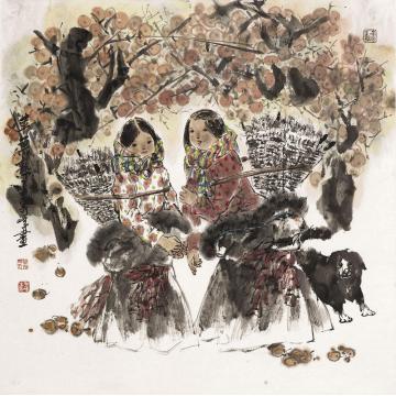 李秀峰国画人物苹果熟了字画之家