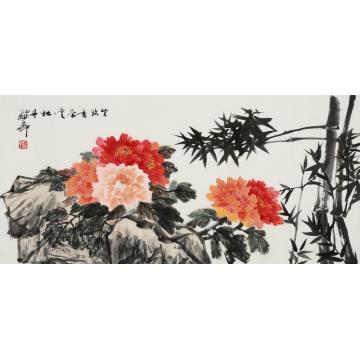 苏华国画花鸟坐饮香茶赏牡丹字画之家