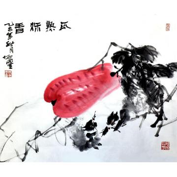 张志灵国画花鸟瓜熟秋香字画之家
