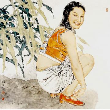 王根生国画人物快乐的傣寨姑娘字画之家