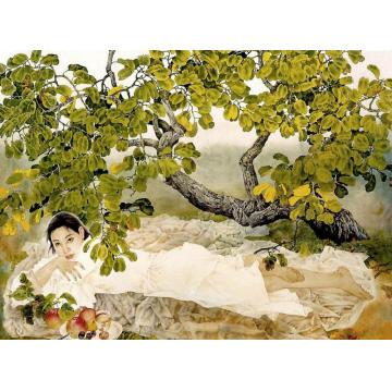 王根生国画人物夏天的树荫字画之家