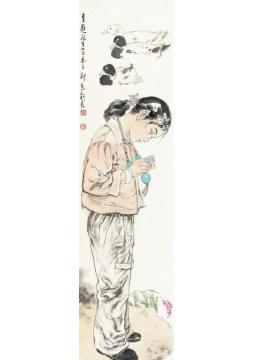 王根生国画人物养鸭女孩字画之家