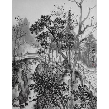 李志坚国画山水古树烟雨字画之家