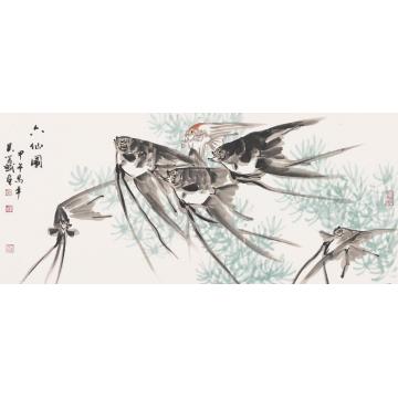 吴学斌国画花鸟六仙图字画之家