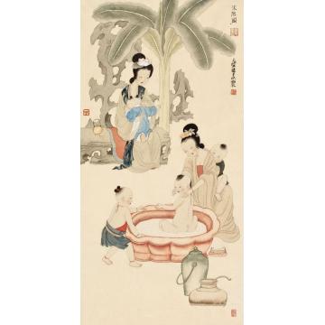 于水国画人物沐浴图字画之家