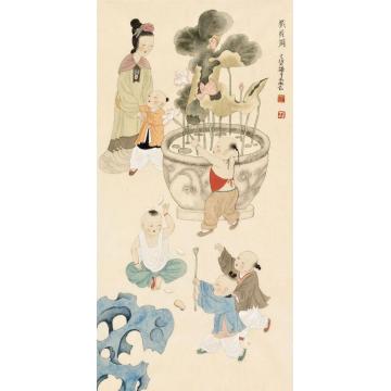 于水国画人物戏荷图字画之家