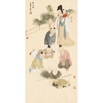 于水国画人物戏荷图字画之家