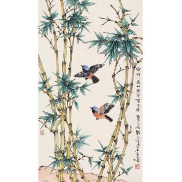 钱行健国画花鸟丛竹双禽字画之家