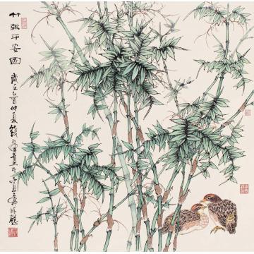 钱行健国画花鸟竹报平安字画之家