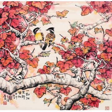 钱行健国画花鸟一树红叶字画之家