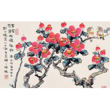 钱行健国画花鸟茶花双雀字画之家