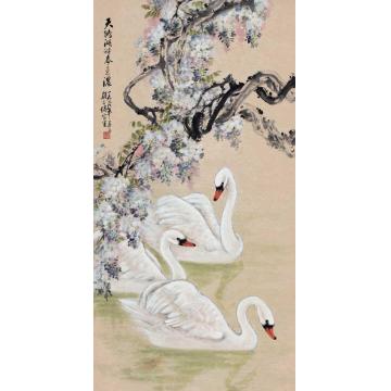 钱行健国画花鸟天鹅湖畔字画之家