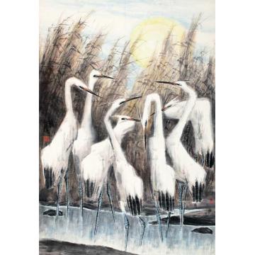 钱行健国画花鸟月色群鹭字画之家