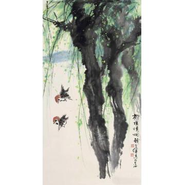 钱行健国画花鸟柳堤晓烟字画之家