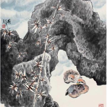 钱行健国画花鸟竹石双禽字画之家