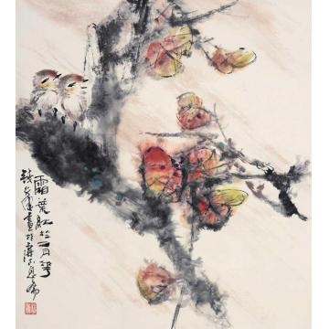 钱行健国画花鸟红叶双雀字画之家