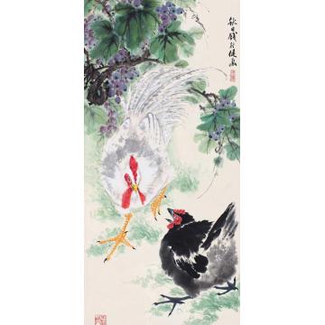 钱行健国画花鸟葡萄双鸡字画之家
