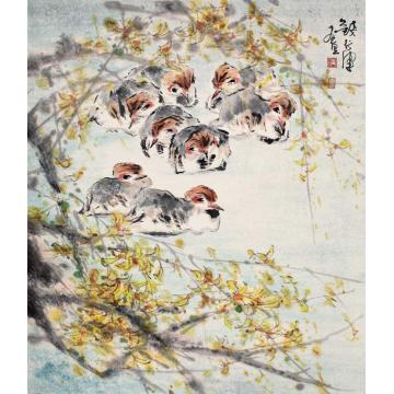 钱行健国画花鸟迎春花儿开字画之家