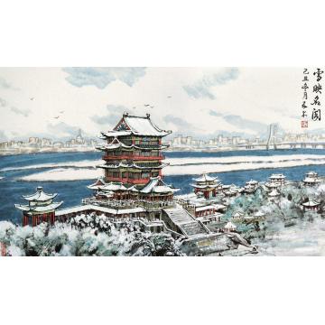 王林森油画风景雪映名阁字画之家