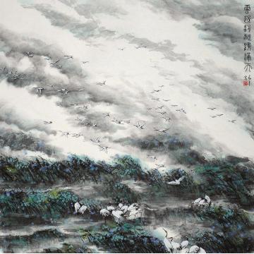 王林森国画花鸟云起鄱湖鹤满天字画之家