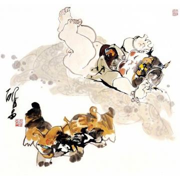 谢申国画人物虎娃闹春字画之家