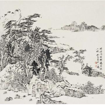 潘一见国画山水时倚门前树，远看原上村字画之家
