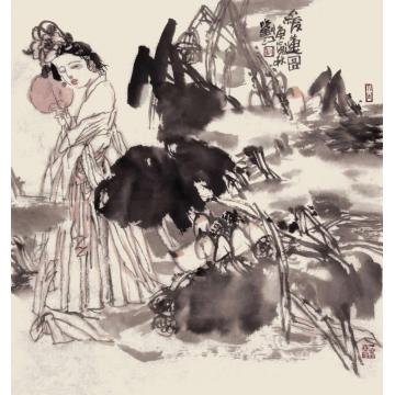 刘江国画人物爱莲图字画之家