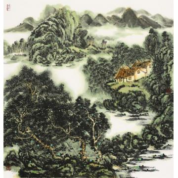 王晓国画山水乐居农家  69×69cm字画之家