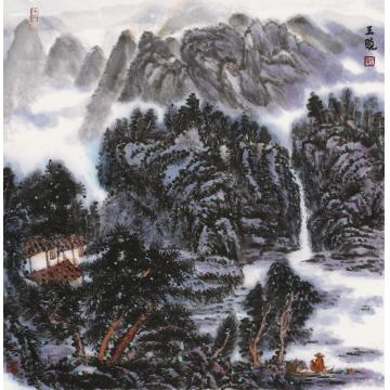 王晓国画山水白云山下有人家  69×69cm字画之家