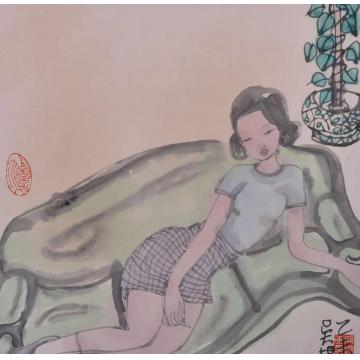 吴扬国画人物沙发上的少女字画之家