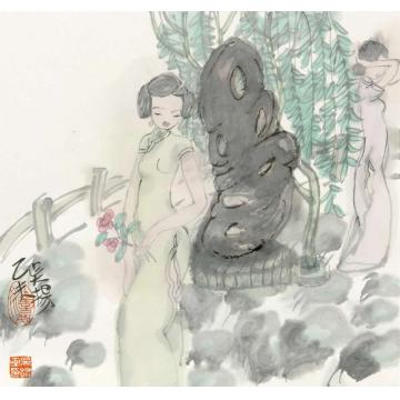 吴扬国画人物执花少女字画之家