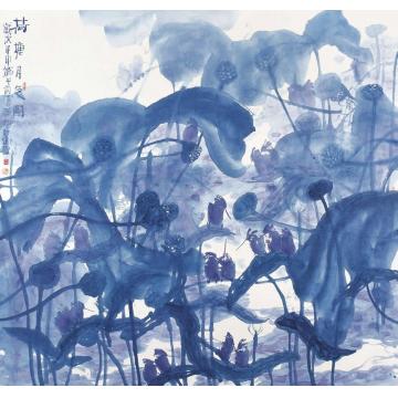 叶菩题国画花鸟荷塘月色图001字画之家