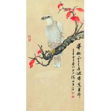 周之江国画花鸟红叶白鹰图字画之家