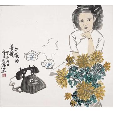 江源国画人物午后的等待字画之家