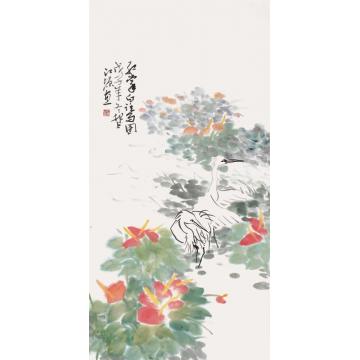 江源国画花鸟红掌白鹭图字画之家
