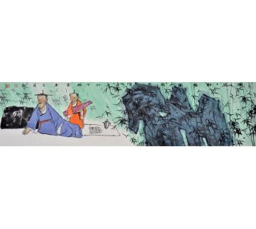 闫畅青国画人物闲翁卧居图字画之家