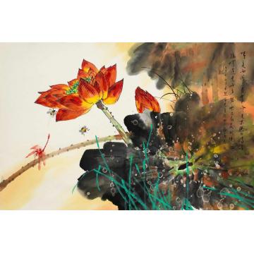 石君国画花鸟映日荷花字画之家