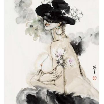 张达平国画人物羞花字画之家