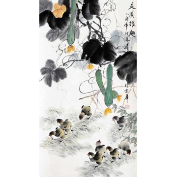 杨建臣国画花鸟庭院雏趣字画之家
