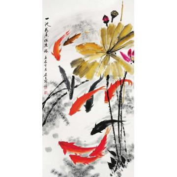 杨建臣国画花鸟一池荷香任鱼游字画之家