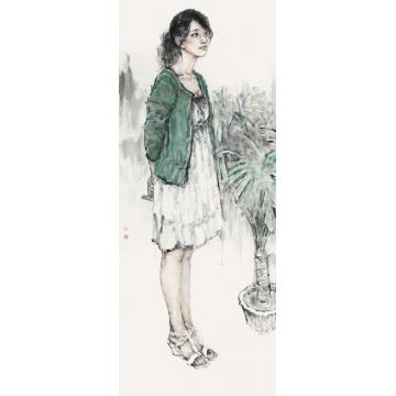 康晓铭国画人物绿开衫字画之家