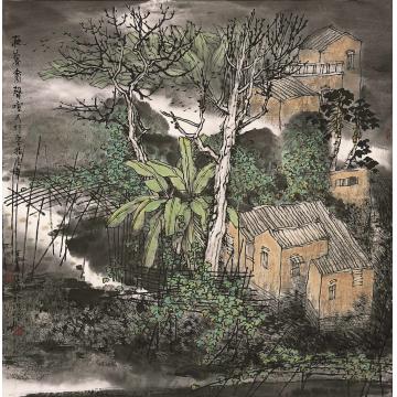 叶其嘉国画山水夜暮噙声喧 68x68字画之家
