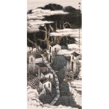 叶其嘉国画山水乡村小径 68x138字画之家