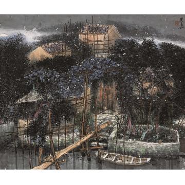 叶其嘉国画山水庭前静外闻落花 68x68字画之家