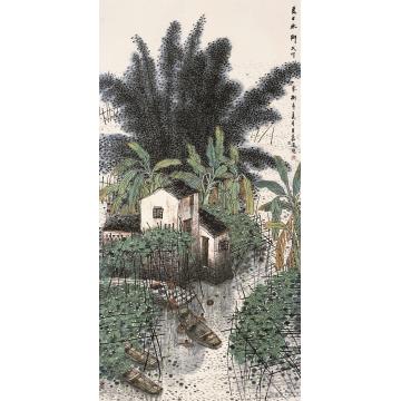 叶其嘉国画山水水乡夏日 68x138字画之家