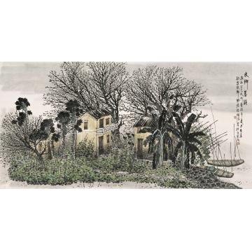 叶其嘉国画山水水乡暮韵 68x138字画之家