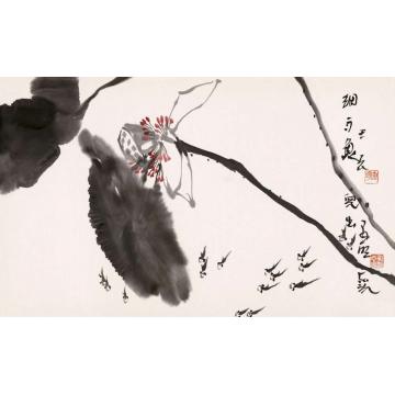 郭志光国画花鸟花鸟册页六开之二-细雨鱼儿字画之家