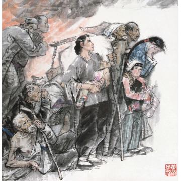 杨力舟国画人物黄河三联画之一《黄河怨》字画之家