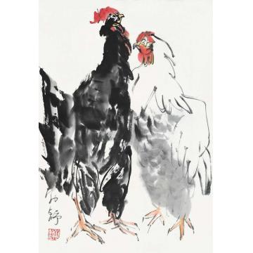 刘勃舒国画花鸟公鸡和母鸡字画之家