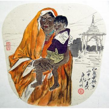 焦亚新国画人物印度母与子字画之家